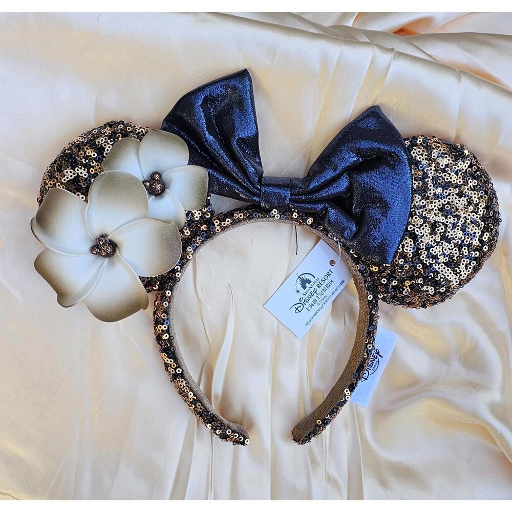 Disney Parks Resort Rare Minnie Mouse Ears Headband Brown sequin flower hawaii